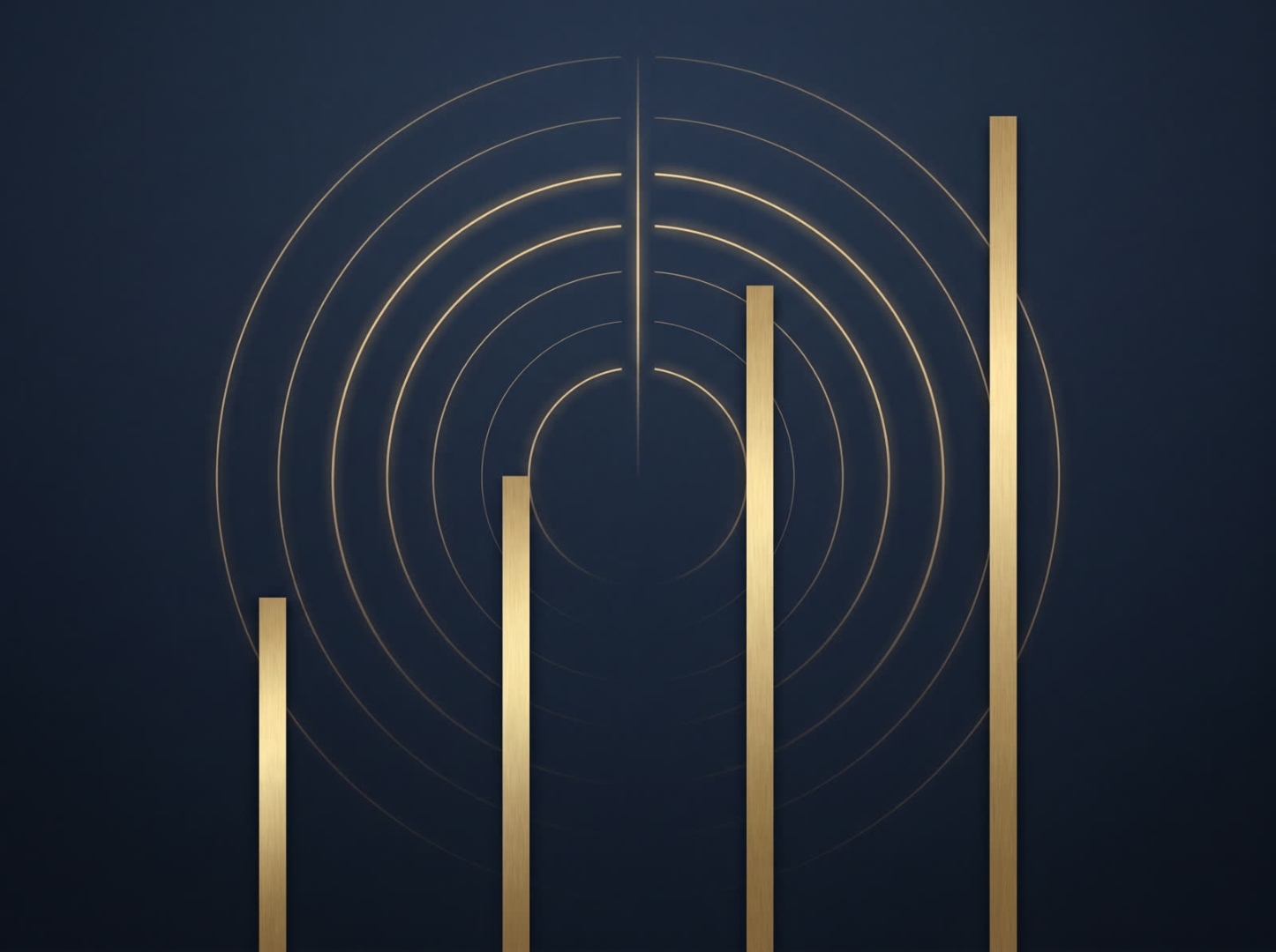 Abstract illustration of four ascending columns of increasing height surrounded by concentric arcs, symbolizing a structured four-step process